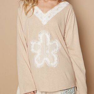 Pol Clothing Tan Lace Flower Patch Relaxed Fit Long Sleeve V Neck Top Size S-L